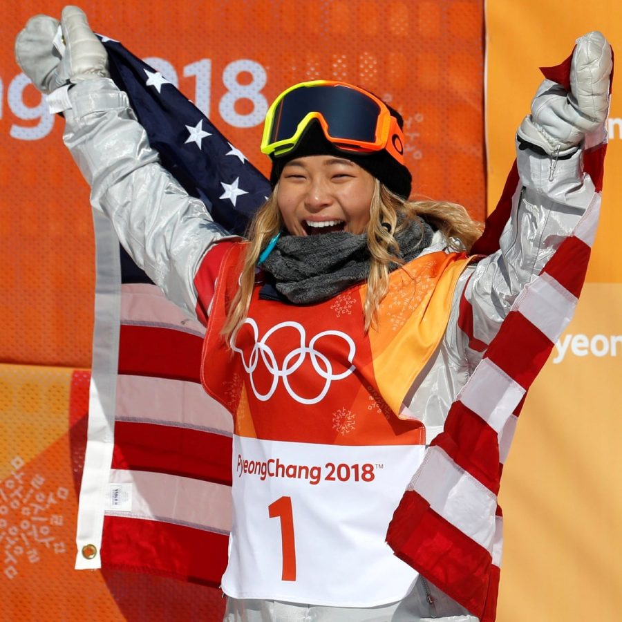 Chloe celebrating her gold metal win at the 2018 Winter Olympics 