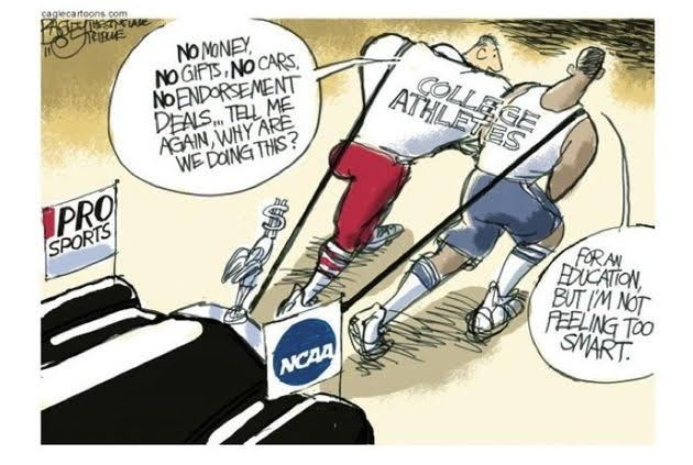 This is a funny cartoon of athletes wondering why they are at the college.