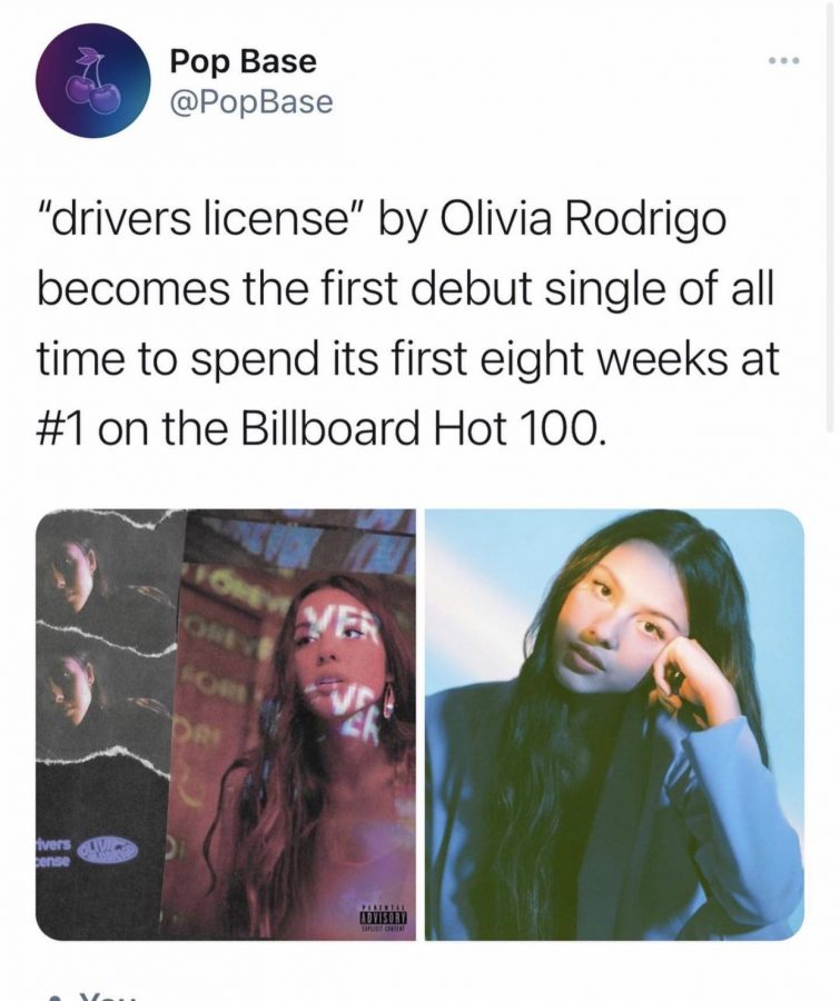 Rodrigos song Drivers License topping the US Billboard Hot 100 as one of the most dominant number-one hits in history