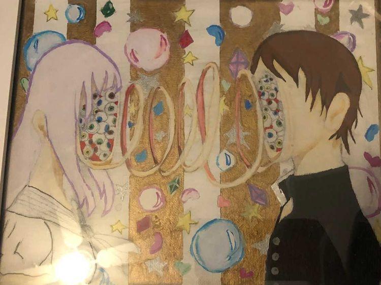 I took a lot of inspiration from my favoirte artist but I did it a little bit differently, instead of the two girls it was a girl and a boy. The meaning behind this painting means that when you have a crush on someone  [you] like, youre blinded by love basically and I feel like you dont see him for who they really are and I feel like once get to know who they truly are your fantasys broken and thats why I put the eyes in the face. Because you see them for who they are and know who you fantasize about.