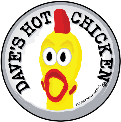 Daves Hot Chicken showcases its mascot with the vibrant yellow and bright red contrast