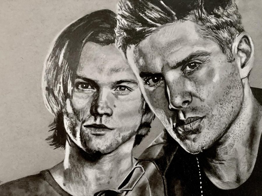 Sam and Dean Winchester from the series Supernatural done in charcoal.