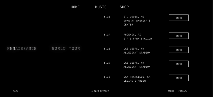 Beyonces list of dates on her website for her tour with Vegas on August 26th and 27th.