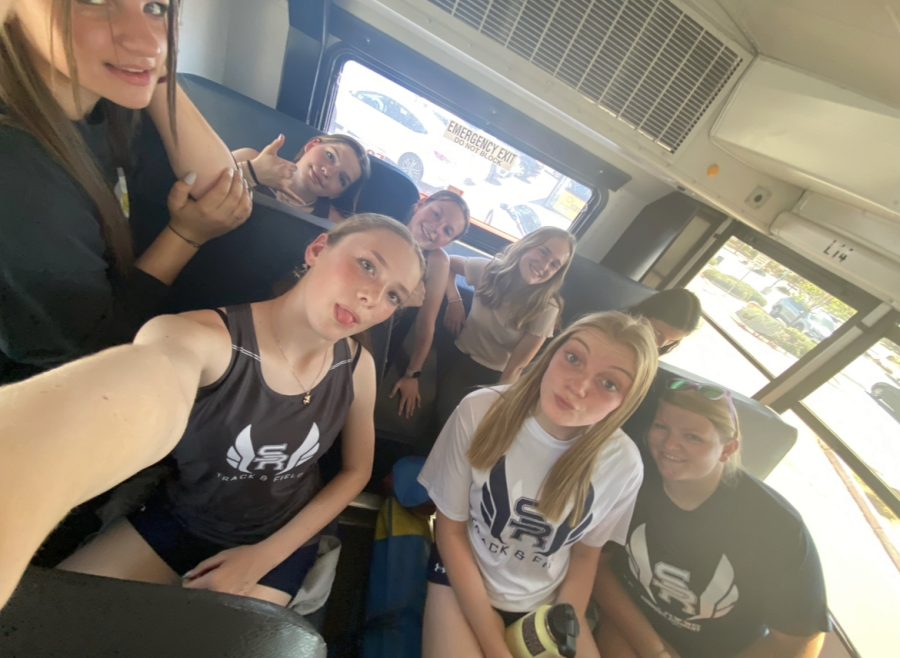 A group of Track girls on the way to a meet