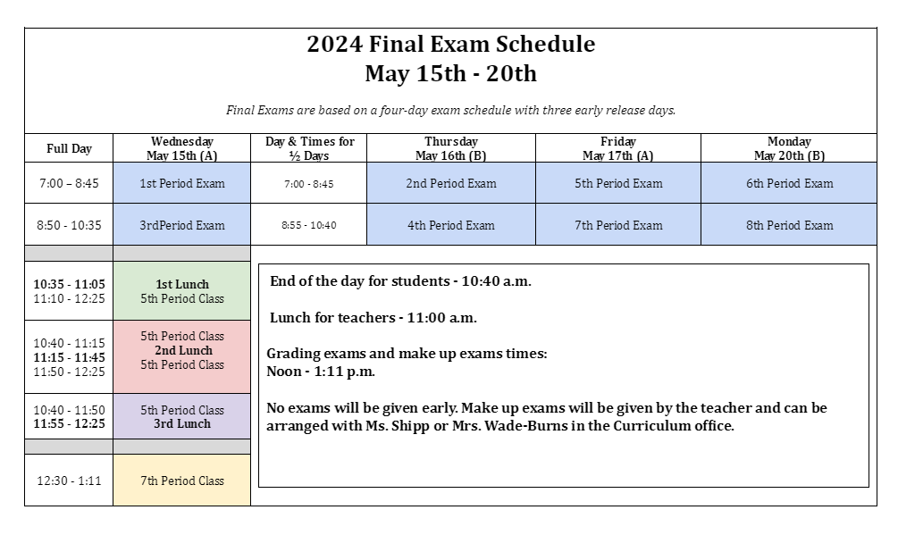 Exam schedule for grades 9-11