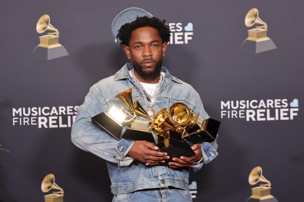 Kendrick Lamar with his Grammys.